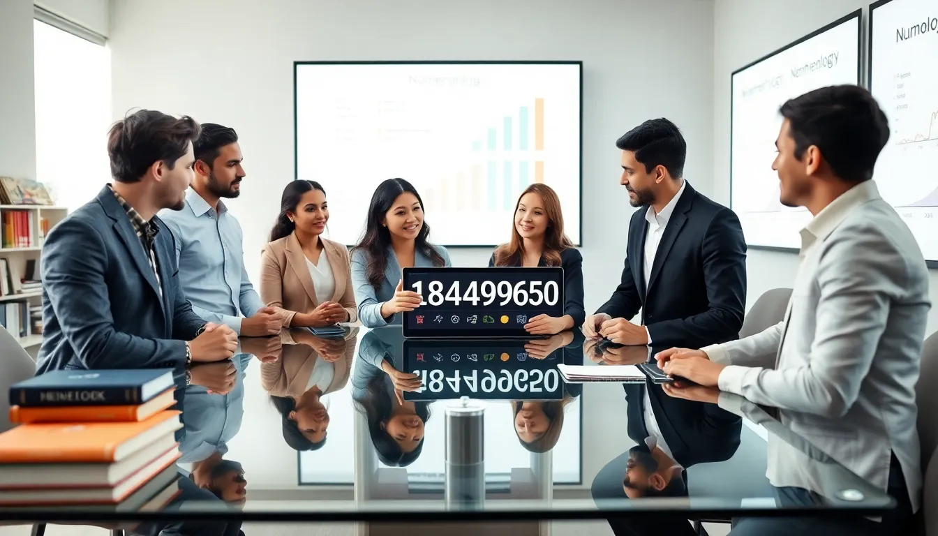 diverse professionals discussing the significance of a number in a modern office.
