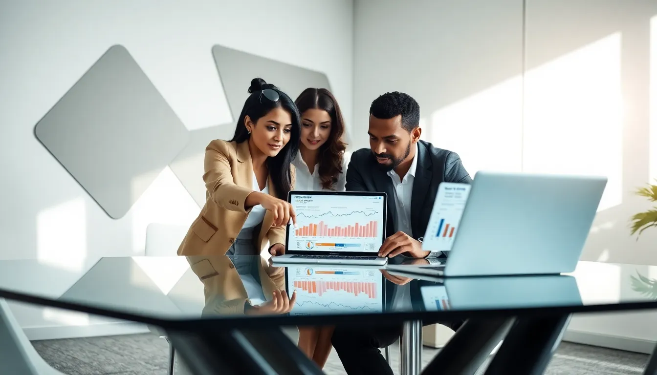 diverse team analyzing data in a modern office setting.
