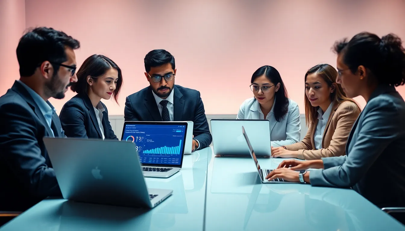 diverse team discussing data at a conference table in a modern office.