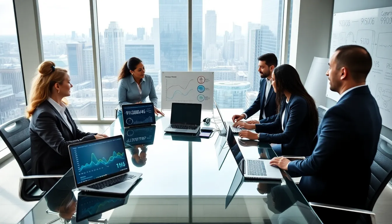diverse professionals discussing the significance of a key number in a modern office.